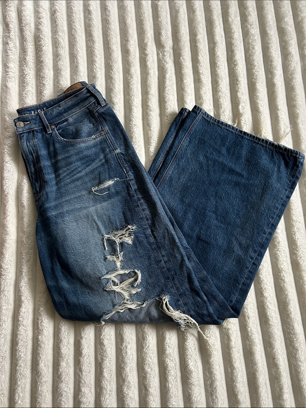 American Eagle Outfitters Dark Blue Distressed Wide Leg Jeans